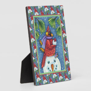 PLAQUE PHOTO SNOWMAN BODYGUARD, CHRISTMAS CARDINAL REDBIRD