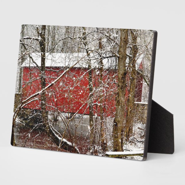 Plaque Photo Snowy Ashland Red Covered Bridge in Delaware (Côté)