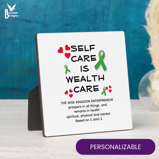 Plaque Photo SOINS DE SANTÉ Mentale SOI-SOINS SOINS DE RICHESSE (SELF CARE IS WEALTH CARE mental health plaque for busy business owners with CUSTOM CHRISTIAN TEXT)