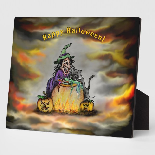 Plaque Photo Sorcière et chat noir, Happy Halloween ! (Côté)