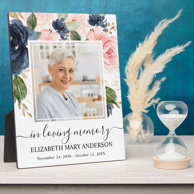 Plaque Photo Souvenir Fleurs Rose et Bleu Marine (Côté)