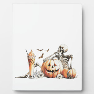 Plaque Photo Squelette avec citrouille et boire. Halloween.