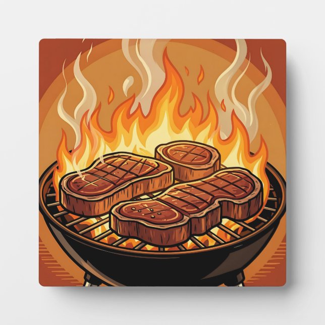 Plaque Photo Steaks grillés flammes BBQ (Devant)