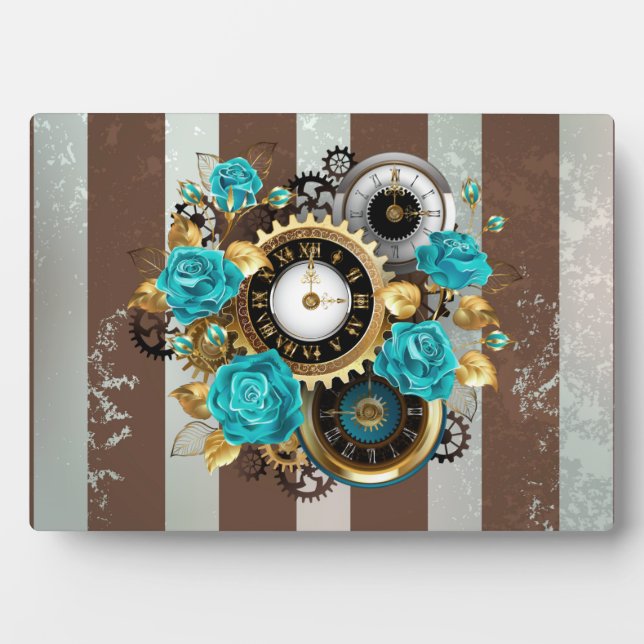 Plaque Photo Steampunk Clock and Turquoise Roses on Striped (Devant)