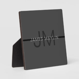 Plaque Photo Stylé Masculin Gris Foncé Nom & Monogramme
