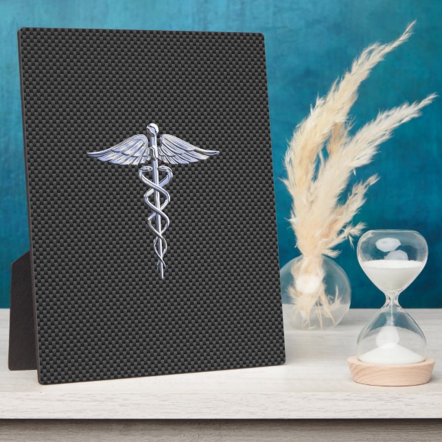 Plaque Photo Symbole Médicale Silver Caduceus Style fibre de ca (Côté)
