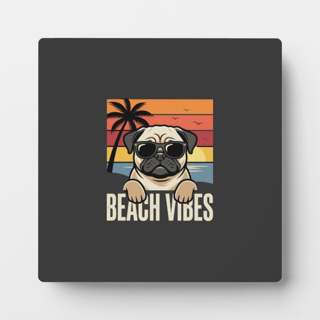 Plaque Photo Tchiens de Pug ambiance de plage Coucher de soleil (Devant)