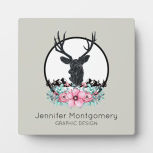 Plaque Photo Tête de cerf avec Fleurs et Montagnes Nom et titre