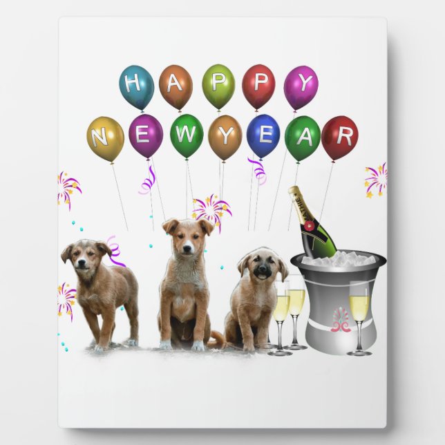 Plaque Photo Trois Chiens mignons qui souhaitent une bonne anné (Devant)