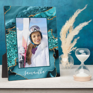 Plaque Photo Turquoise Bleu Or Pailleté Agate Élégant Nom Photo