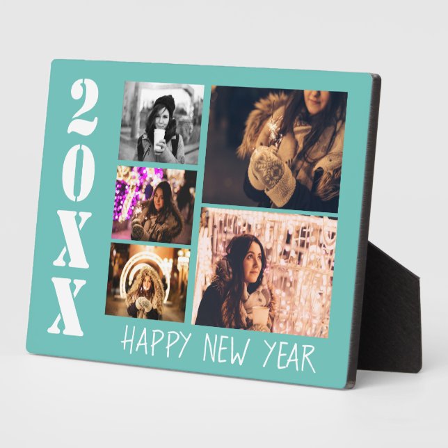 Plaque Photo Turquoise Happy New Year 2023 5 Photo Collage (Côté)