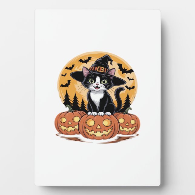 Plaque Photo Tuxedo Cat Halloween Witch Cute Pumpkins Essential (Devant)