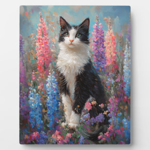 Plaque Photo Tuxedo Chat Colorful Lupine Fleurs Peinture