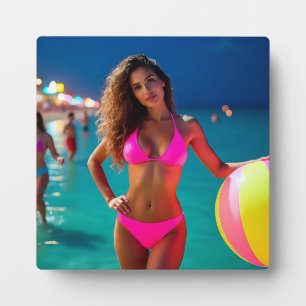Plaque Photo Twilight Beach Portrait — Femme dans Neon Pink Bik