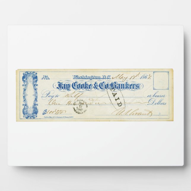 Plaque Photo Ulysses S. Grant Signed Check du 17 mai 1867 (Devant)
