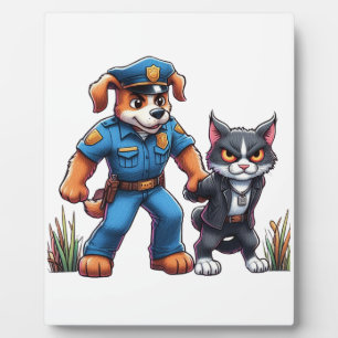 Plaque Photo un chien de police et un chat méchant - humour