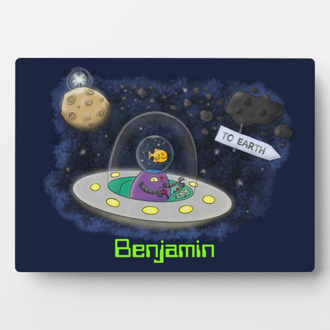 Plaque Photo Un joli poisson heureux dans l'espace dessin animé (Devant)