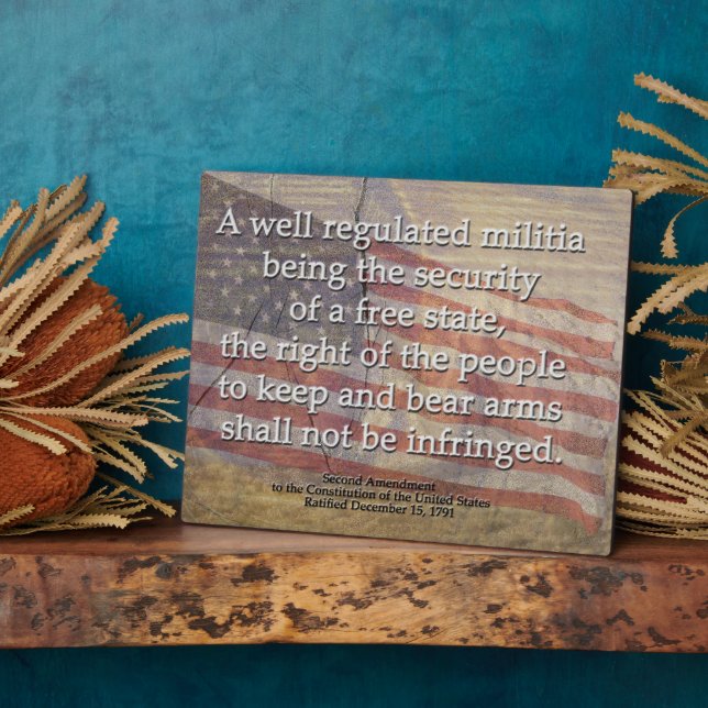 Plaque Photo Unfurled American Flag and 2nd Amendment (Côté)