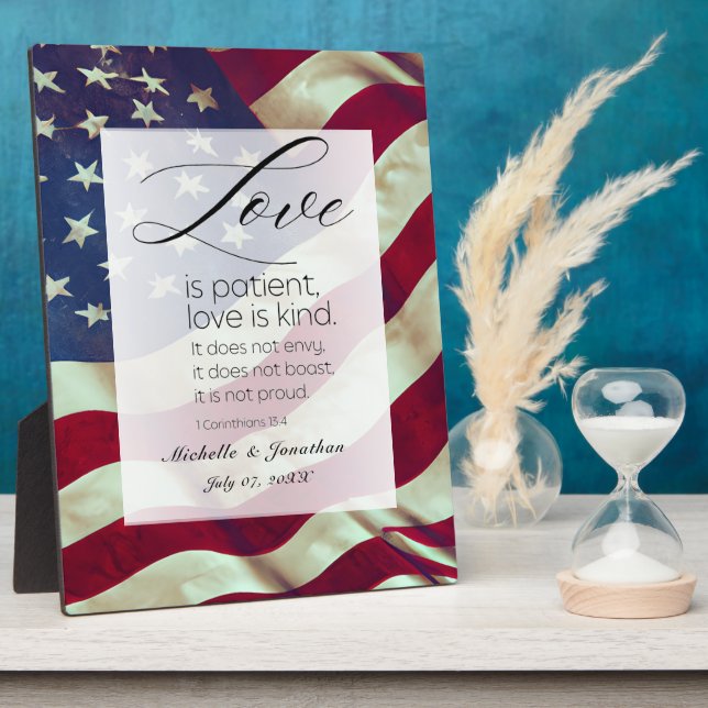Plaque Photo USA Flag Love est Patient Bible Mariage patriotiqu (Côté)