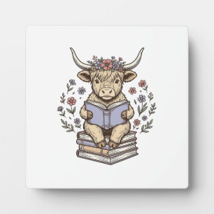 Plaque Photo Vache Florale de Lecture Mignonne Pile de Livres D