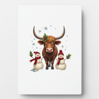Plaque Photo Vache Highland vintage de Noël avec bonhommes de n