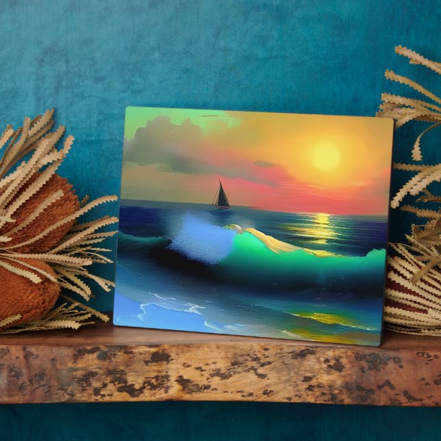 Plaque Photo Vagues océaniques dramatiques et reflet de coucher (Côté)