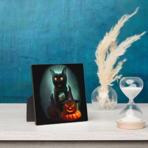 Plaque Photo Vampire Chat et Assistant Citrouille Halloween Sur