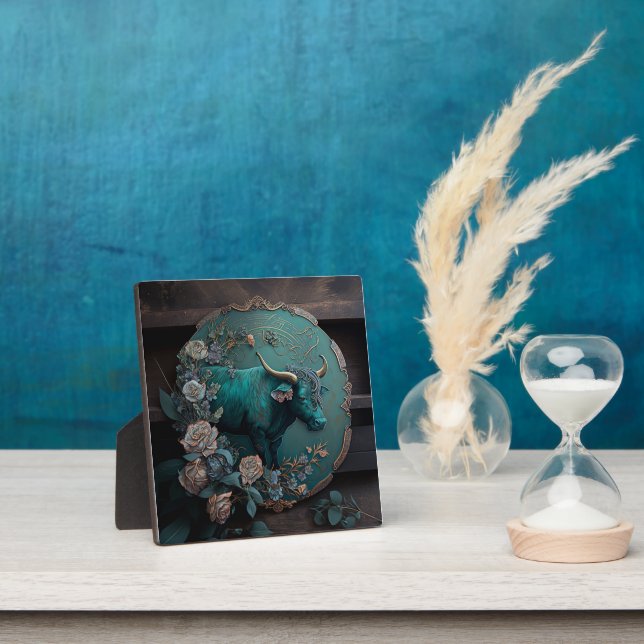 Plaque Photo Verdigris Zodiac Taurus Metal Art (Insitu)