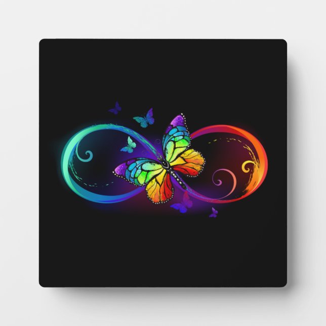 Plaque Photo Vibrant infinity with rainbow butterfly on black (Devant)