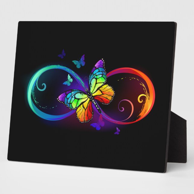 Plaque Photo Vibrant infinity with rainbow butterfly on black (Côté)