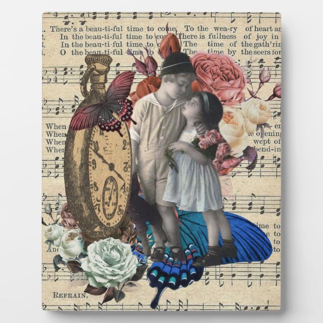 Plaque Photo Vintage Enfants & Collage Floral (Devant)