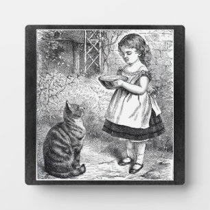 Plaque Photo Vintage fille nourrissant chat une soucoupe de lai