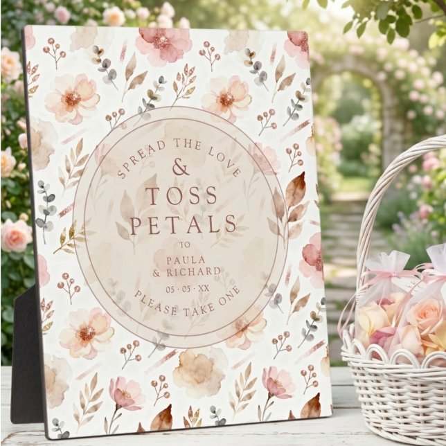 Plaque Photo Vintage Floral PInk Shades Toss Petals TLW26 (Vintage Floral Pink Watercolor Effect Toss Petals Wedding Sign.)