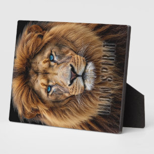 Plaque Photo Visage de lion majestueux aux yeux bleus Faune A