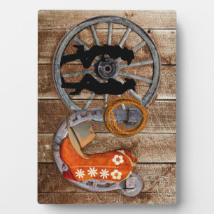 Plaque Photo Wagon Wheel Western Cowboy