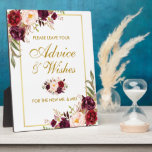 Plaque Photo Watercolor Burgundy<br><div class="desc">Watercolor Floral Burgundy Marsala Gold Wedding Advice and Wishes Table Plaque</div>