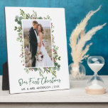 Plaque Photo Watercolor Greenery Berries Christmas Photo<br><div class="desc">Modern Minimalist Elegance Calligraphy Ink Pen Handwritten Script Our First Christmas Newlywed Wedding Photo Plaque includes Elegant Watercolor Greenery,  Eucalyptus Leaves & Holly Berries. Green Script.</div>