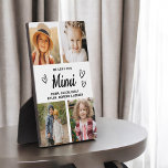 Plaque Photo We Love You Mimi Family Modern Photo Collage<br><div class="desc">Le Mimi We Love You Heart Modern Photo Collage Plaque est un cadeau émouvant et personnalisé qui met en valeur votre amour pour votre grand-mère. Cette plaque magnifiquement conçue comprend un collage photo en forme de coeur, vous permettant d'ajouter vos photos de famille préférées dans un agencement moderne et élégant....</div>