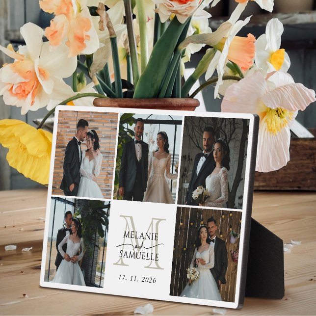 Plaque Photo Wedding Bride & Groom Photo Collage Monogram Names (Créateur téléchargé)