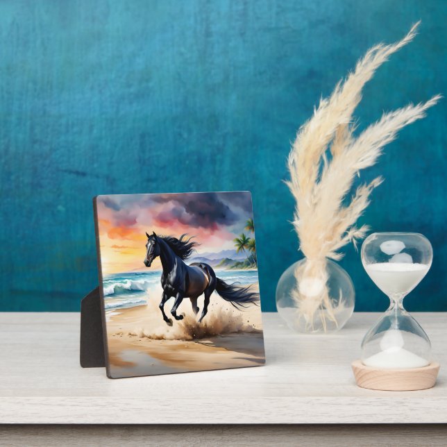 Plaque Photo Wild black stallion galloping (Insitu)