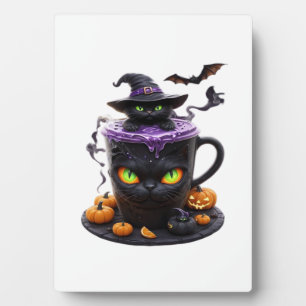 Plaque Photo Witch Cat Halloween Latte  Café mignon et effrayan