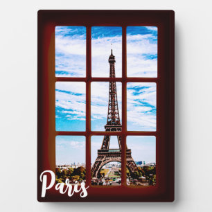 Plaque Photo Wooden window with view on Eiffel tower, Paris