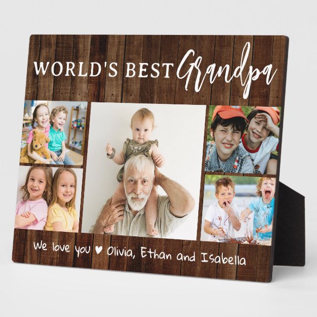 Plaque Photo Worlds Best Grandpa 5 Photo Collage Rustic Wood (Côté)