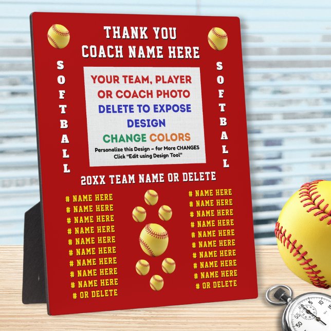 Plaques de coach de softball personnalisées avec p (Gift ideas for softball coaches. Personalized, softball coach plaques. Players names, softball photo)