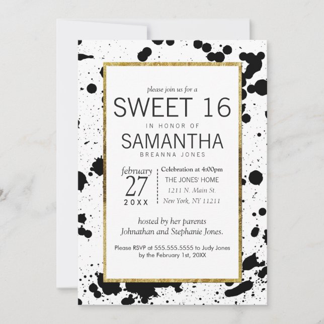Plaques d'encre noire et Gold Sweet 16 invitations (Devant)