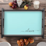 Plateau Aqua Blue Turquoise Moderne Script Girl Monogramme<br><div class="desc">Aqua Blue Turquoise Simple Script Monogramme Nom Plateau de service de place. Cela fait le cadeau parfait de remise de diplômes,  anniversaire,  mariage,  douche nuptiale,  anniversaire,  baby shower ou bachelorette pour quelqu'un qui aime le luxe glam et les styles chic.</div>