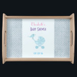 Plateau Baby shower Bébé et maman Bluebirds<br><div class="desc">Customisez ce baby shower de service plateau avec les détails de votre partie. Une jolie image bleu poudreuse avec un petit oiseau dans un chariot de bébé avec sa maman assise sur la poignée tenant une sucette dans la bouche. Bleu Polka point frontière.</div>