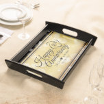 Plateau Élégant 50e anniversaire de Mariage d'or<br><div class="desc">Célébrez le 50e anniversaire de mariage d'or en style avec ce plateau de service en bois commémoratif! Élégante serif noir et écriture avec des confettis hexagonaux sur un arrière - plan doré ajouter une touche mémorable pour cette occasion spéciale et un jalon extraordinaire. Customisez avec les noms du couple heureux...</div>