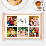 Plateau Élégant Monogramme Familial Photo Collage Personna<br><div class="desc">Personnalisez cet élégant plateau de service personnalisé avec un collage de cinq (5) de vos photos de famille préférées. modèle photo en forme de carré est parfait pour les photos Instagram qui sont recadrées à une forme de carré. Le monogramme personnalisé dans le centre peut être personnalisé avec le nom...</div>