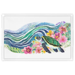 Plateau En Acrylique Vagues et tortue bleu côtier Aquarelle